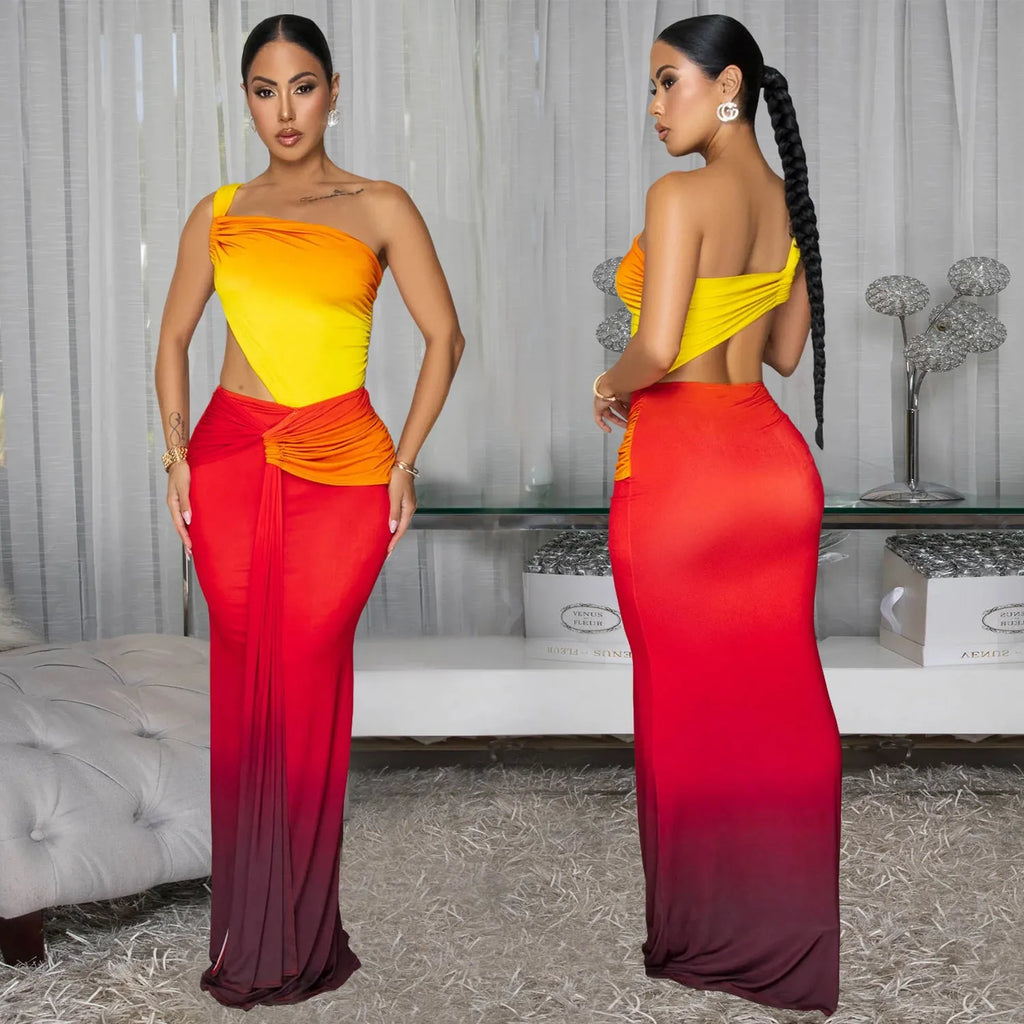 Women's gradient colour cross-shoulder sleeveless dress with a long skirt, shown in brown.