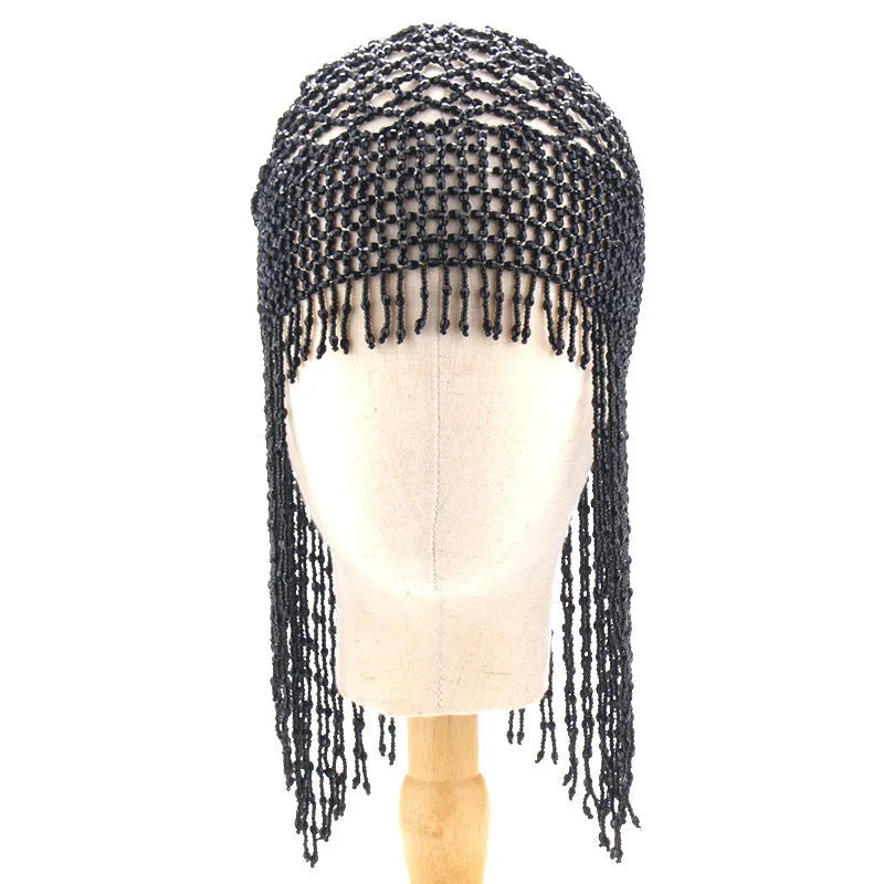 Handmade silver alloy belly dance hat with mesh decoration and long tassels