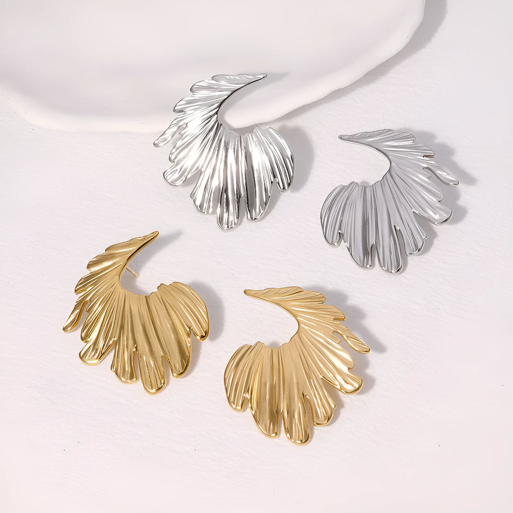 Stainless steel stud earrings with leaf design in gold and steel colour options