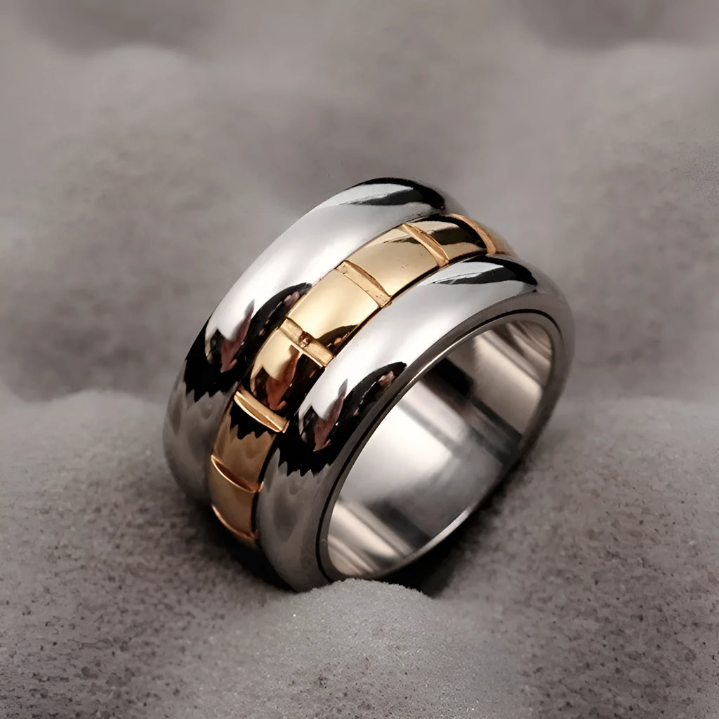 Ultra-wide gold titanium steel knuckle ring with rotating band on hand