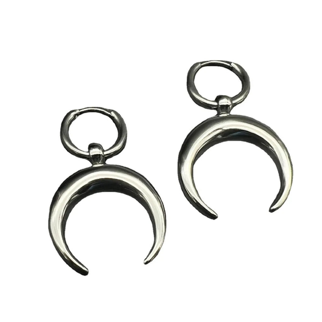 Silver gothic moon big hoop earrings with geometric shape and punk styling