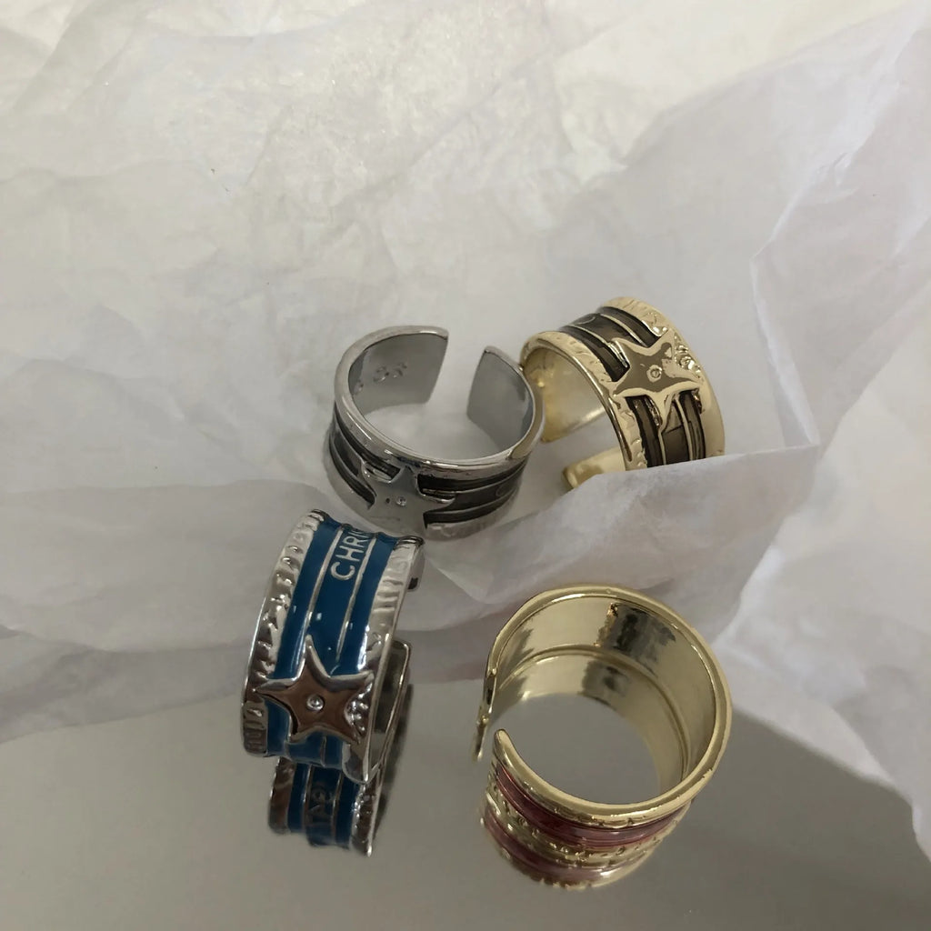 Distressed geometric copper ring with adjustable sizing in multiple colour options