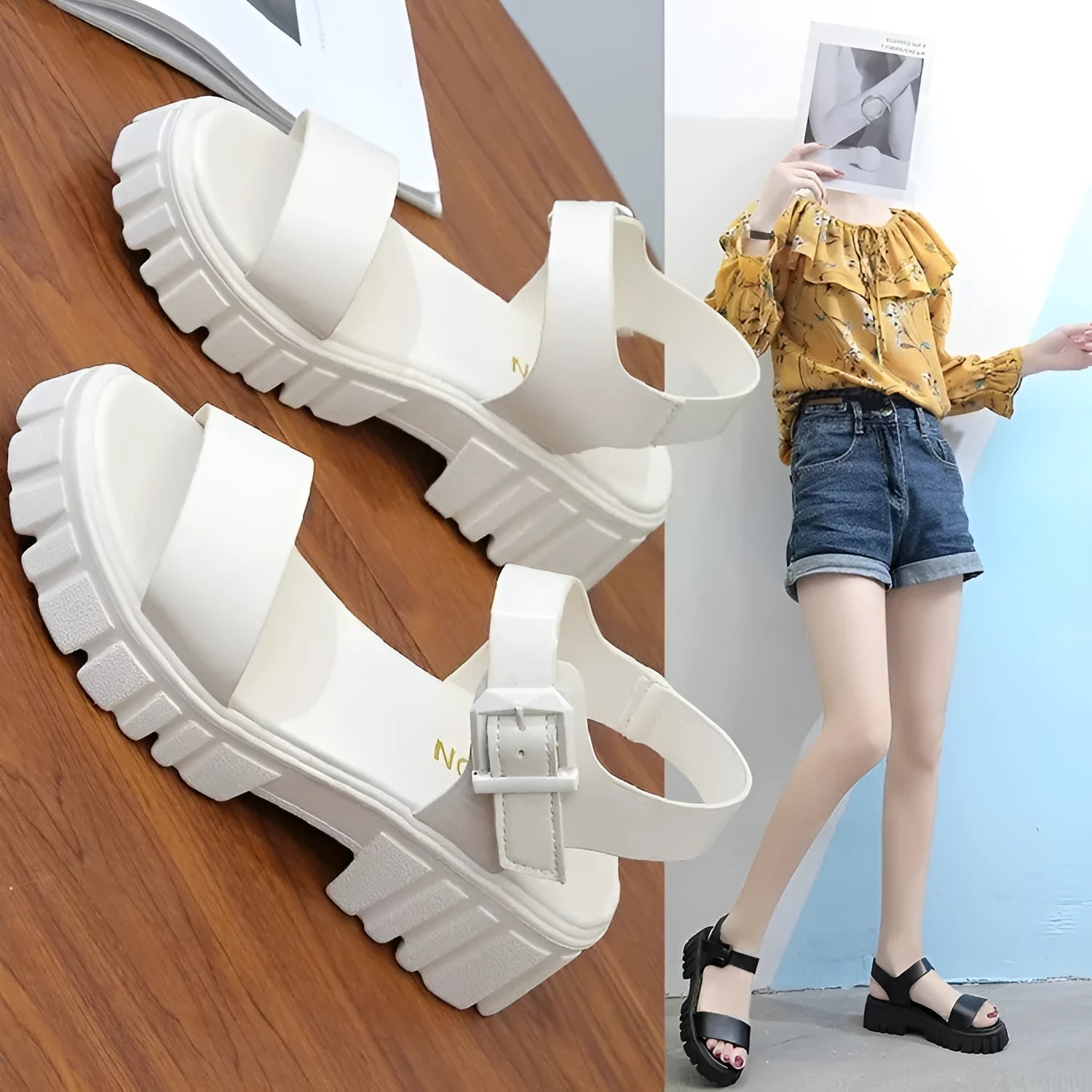 Women's beige peep toe platform sandals with an ankle-strap buckle on a white background