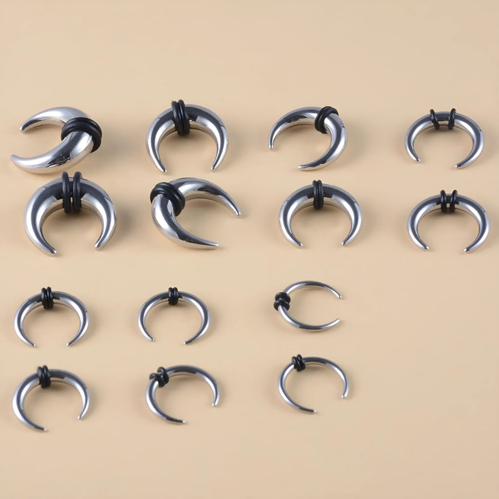 C-shaped nose ring in 316 stainless steel with buffalo horn elements showing multiple size options