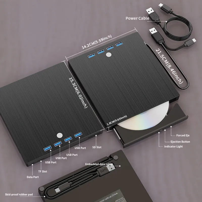 Black external DVD burner with TYPE-C USB cable and tray loading slot on a desk