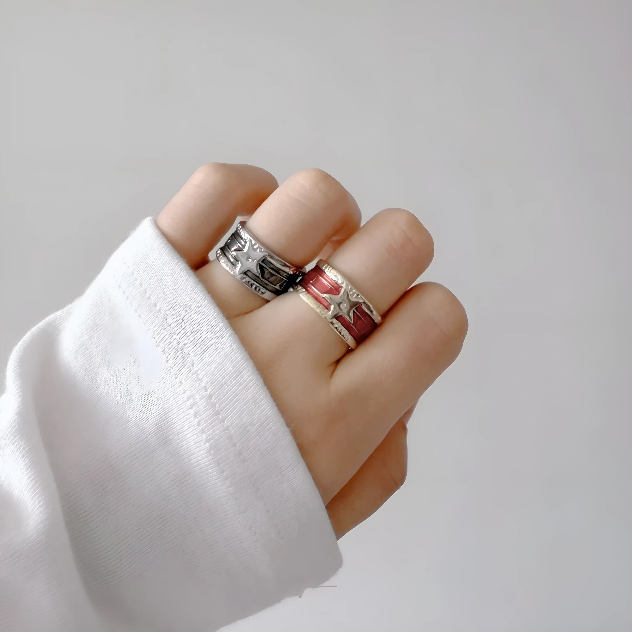 Distressed geometric copper ring with adjustable sizing in multiple colour options