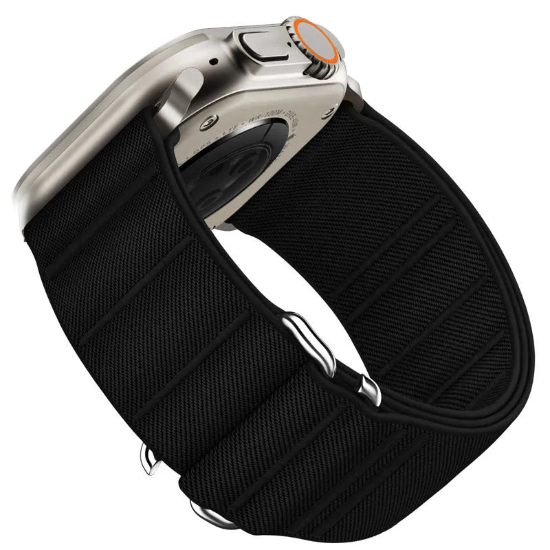 Elastic nylon Apple Watch replacement band with stainless steel buckle in Army Green colour