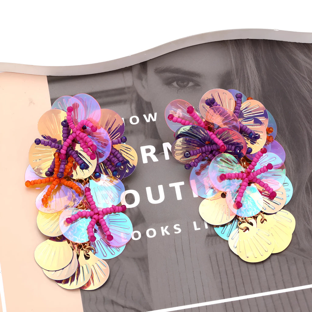 Colourful handmade flower earrings with string beads in rose and purple colour options