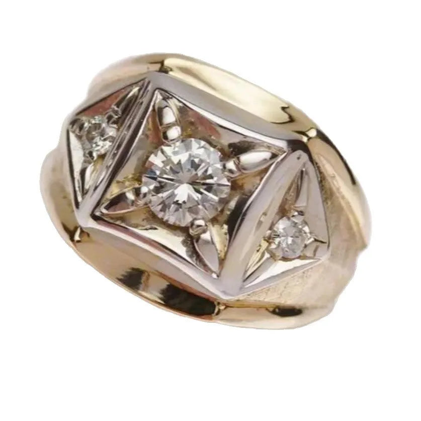 Geometric wide face copper couple rings with hollow square patterns in gold colour
