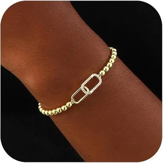 Adjustable stainless steel beaded bracelet with geometric design and round elements