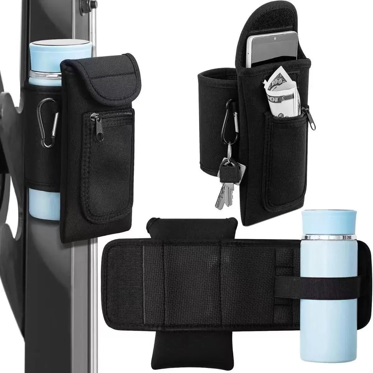 Cloth kettle cover sleeve with magnetic closure and carabiner clip options in various colours.