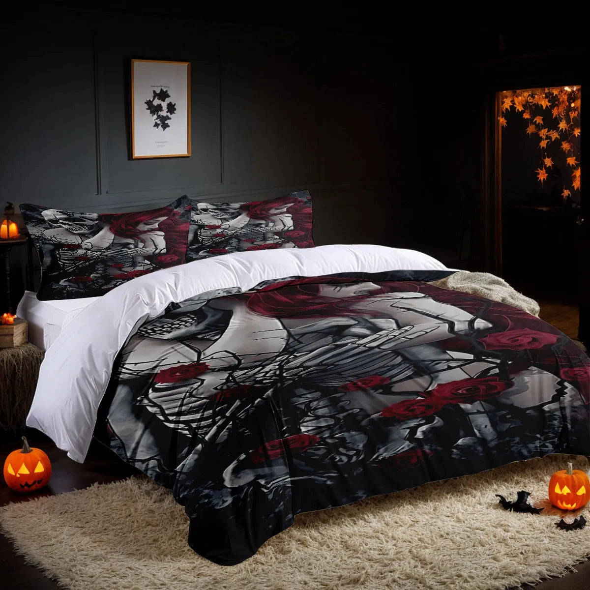 Three-piece bed set Halloween bedroom furnishing decoration white chemical fibre digital print with quilt cover and two pillowcases
