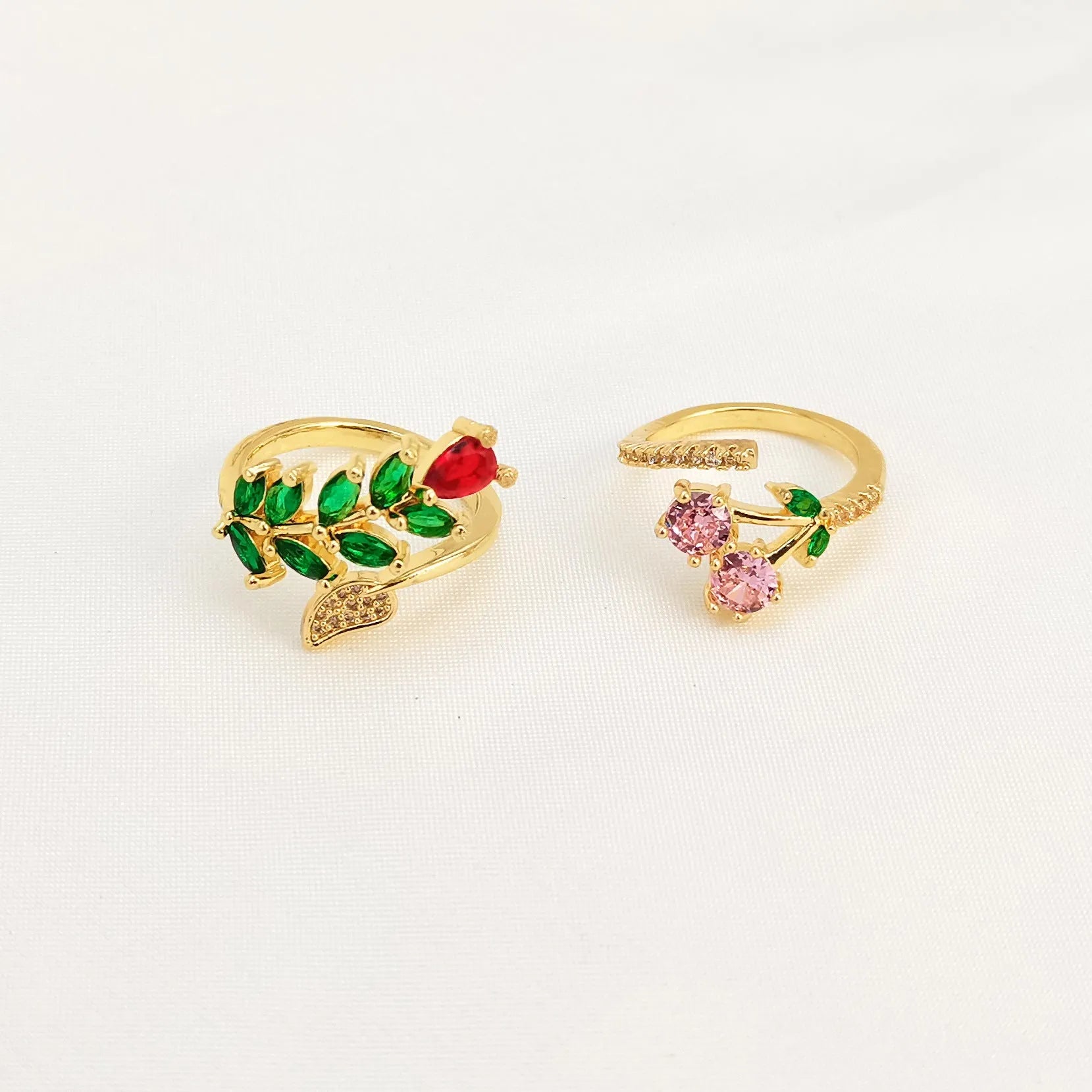 Copper geometric leaf open ring with gold plating and zircon micro-inlaid details for women