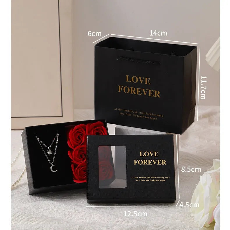 Korean style gift box with six red soap roses and a drawstring bag for Valentine's Day presents