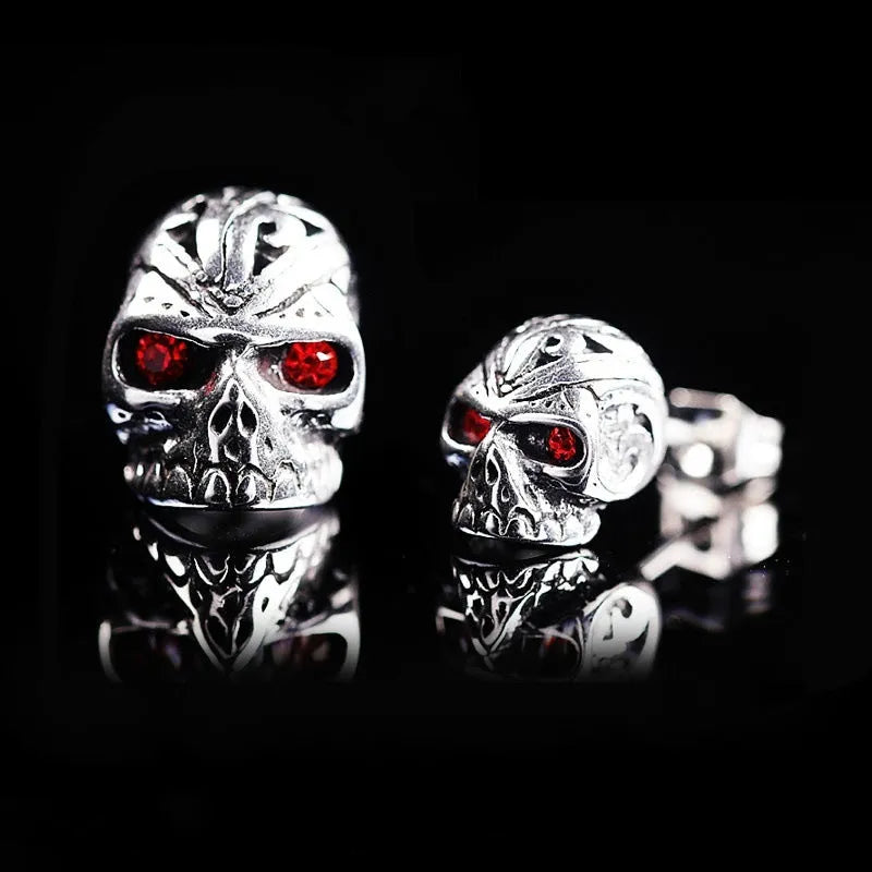 Retro red eye skull stud earrings with ghost head design and stone inlay