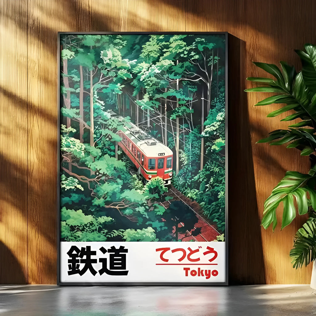 Retro Japanese railway landscape canvas print in Nordic style, unframed painting core