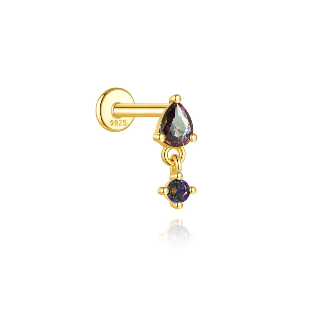 S925 sterling silver geometric thread piercing with flat head and rainbow stone in gold colour.