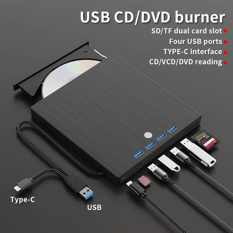 Black external DVD burner with TYPE-C USB cable and tray loading slot on a desk