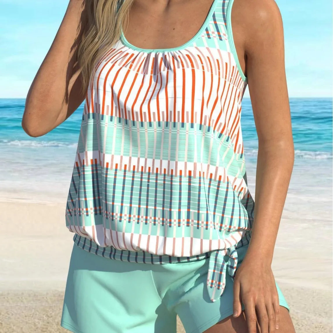 Sky blue and white striped women's bikini swimsuit on a hanger.