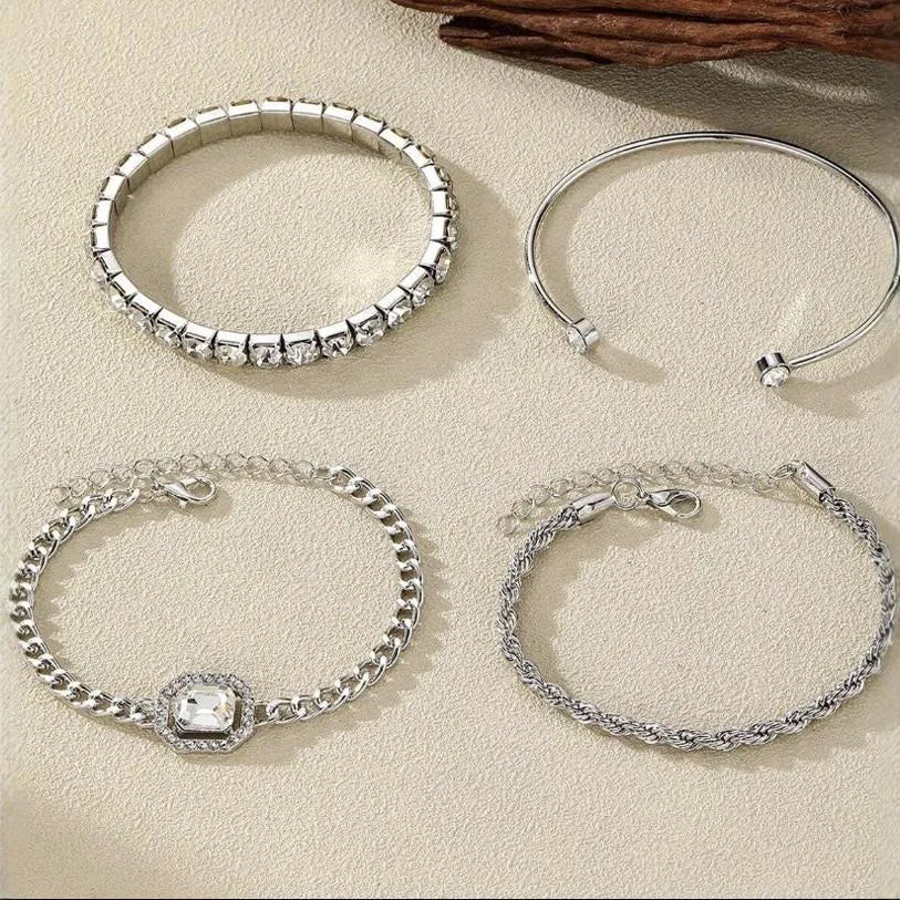 Women's retro geometric alloy bracelet four-piece set with square diamond charms in gold or silver colour