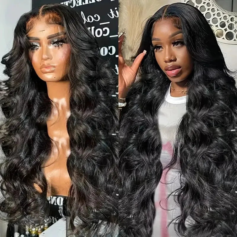 Black synthetic lace front wig with big wave styling, shown on a wig stand.
