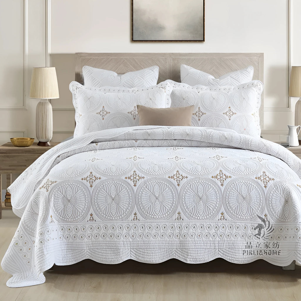European style double thick pure cotton bed cover with embroidery, two pillowcases, on a 1.8 metre bed.