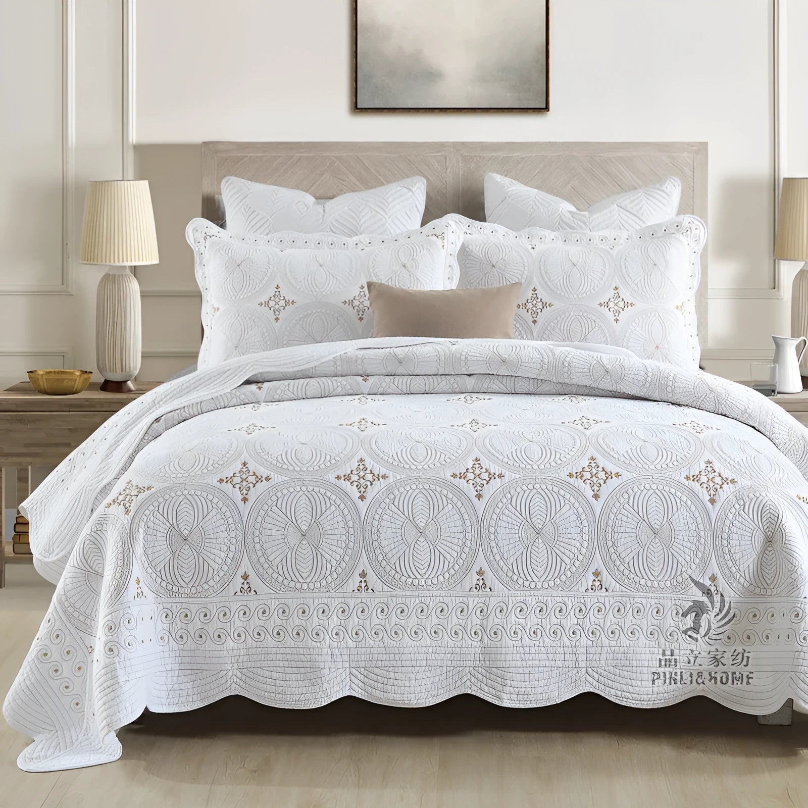 European style double thick pure cotton bed cover with embroidery, two pillowcases, on a 1.8 metre bed.