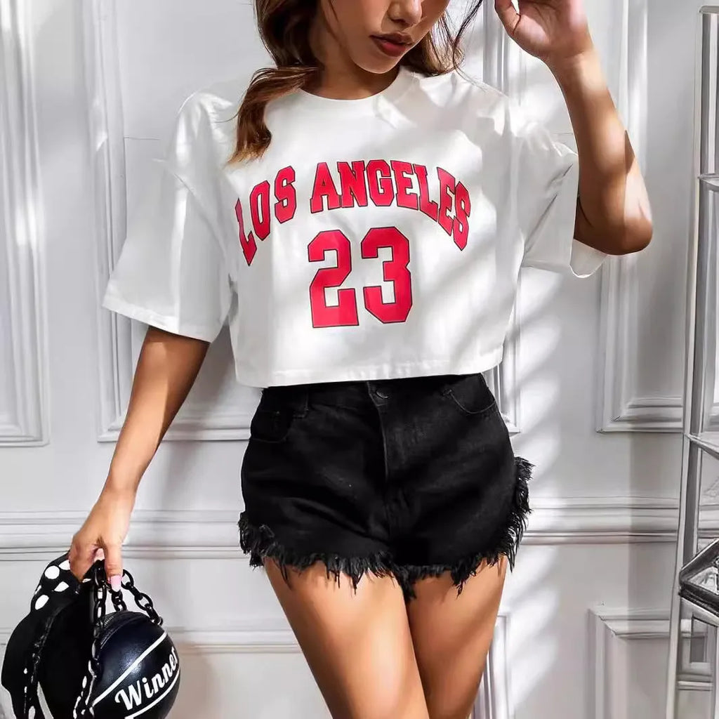Black loose-fit cotton t-shirt with white personalised English letter print and exposed navel design.