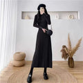 Women's beige polyester A-line dress with high waist and mid-length skirt.