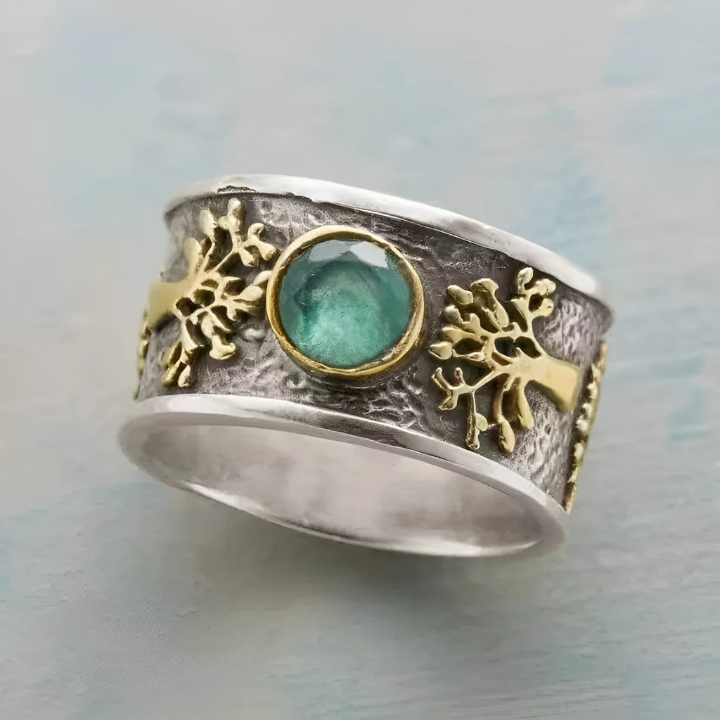 Light green vintage alloy ring with constellation modelling and geometric design featuring artificial gemstone inlays