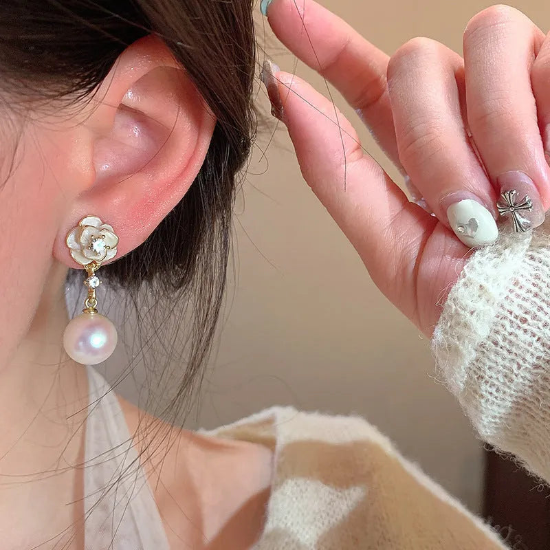 Camellia pearl flower stud earrings for women with alloy flower shape and silver-tone pearl detailing
