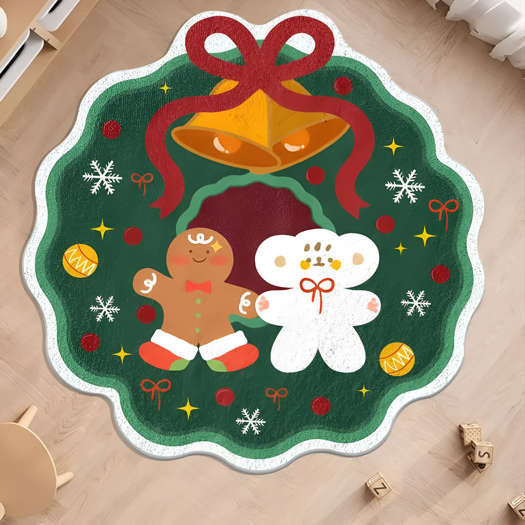 Round green Christmas carpet with alien shape design, soft imitation cashmere material, festive floor mat.