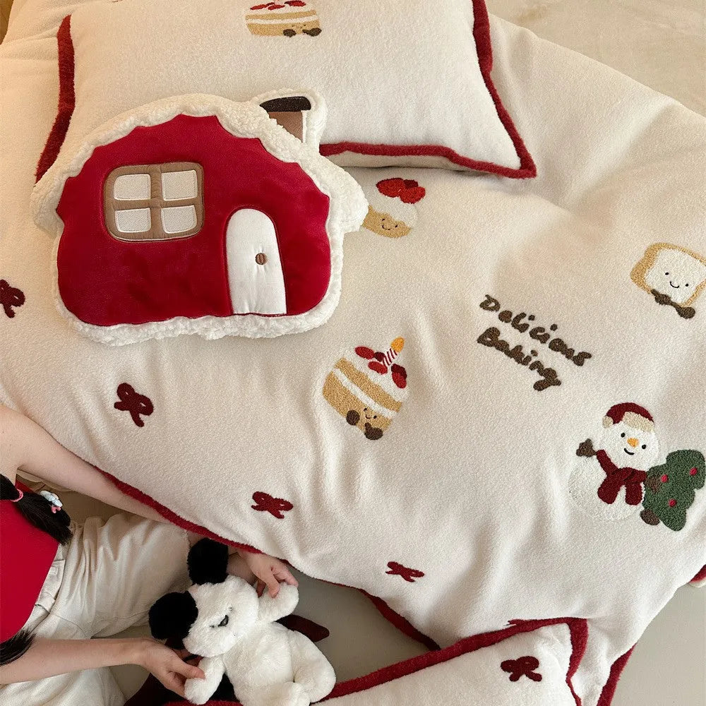 Winter Christmas themed bedding four-piece set with heart cartoon designs on thickened cashmere polyester fabric