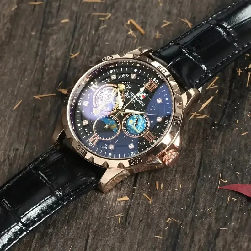 Automatic mechanical watch with large hollow dial and black leather strap on rose gold case