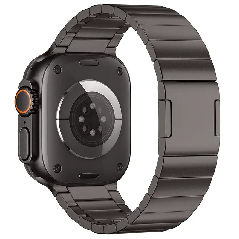 Stainless steel Apple Watch strap with magnetic clasp in silver, black, titanium, or gold colour options