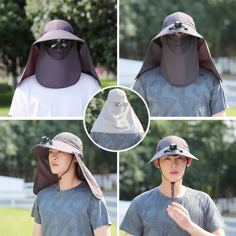 Men's khaki sun protection hat with USB fan and attached face covering shawl for neck protection.