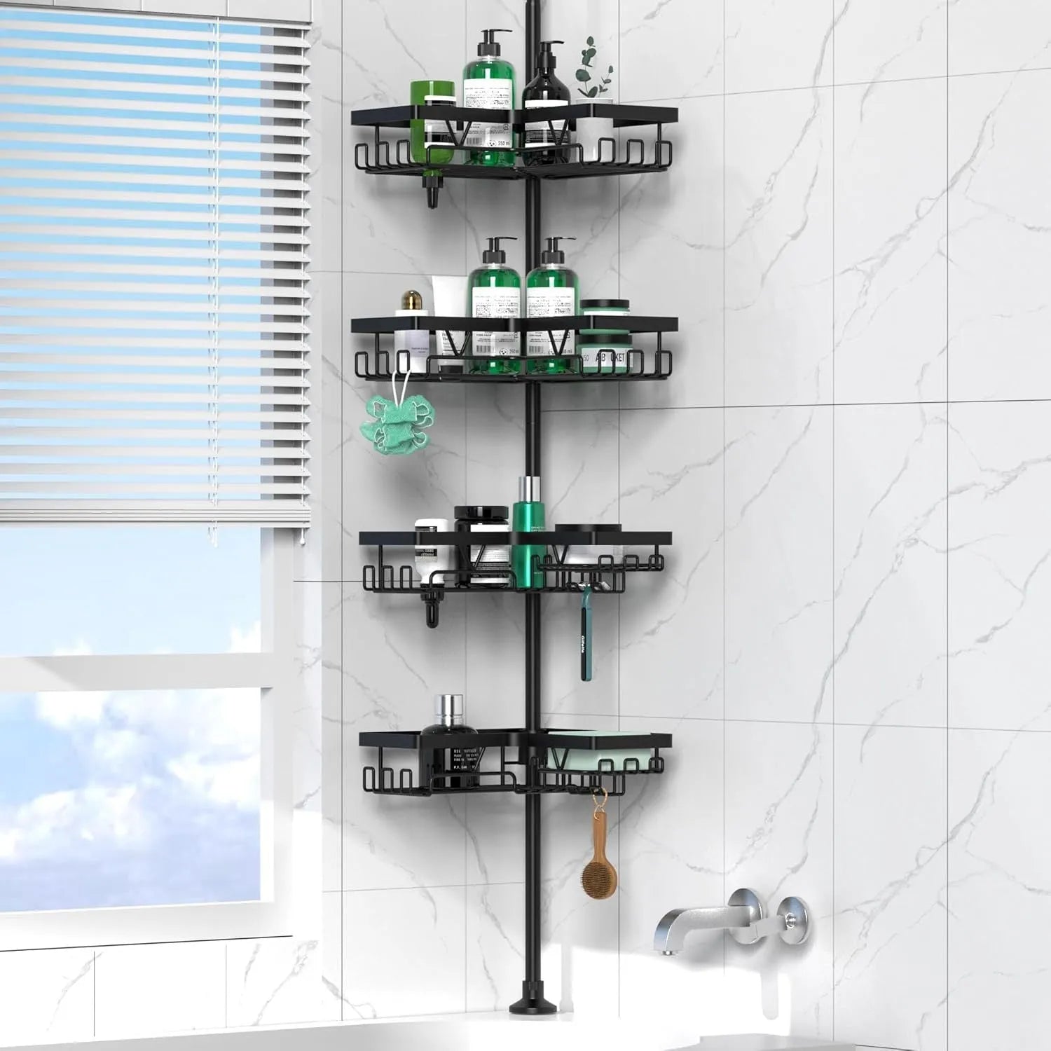 Retractable four-tier metal bathroom storage rack with a modern design