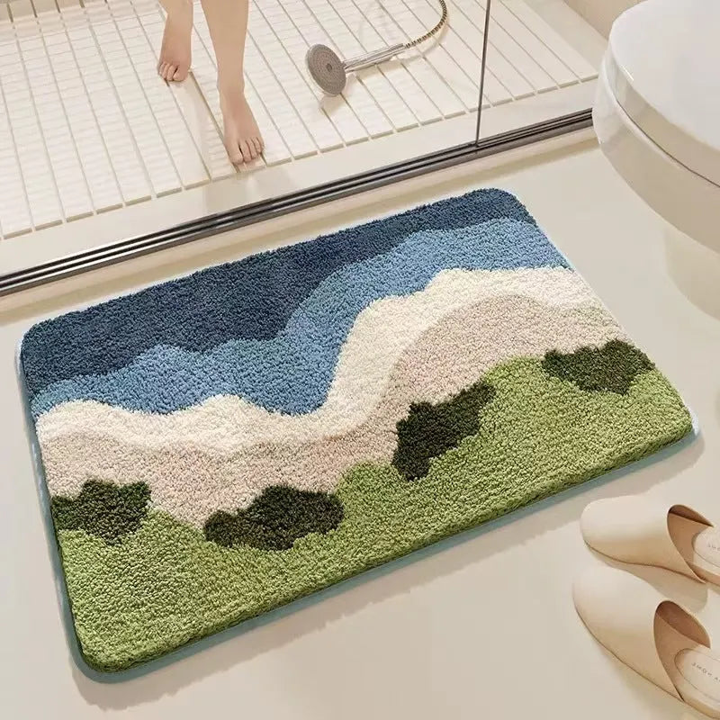 Sky and Sea rainbow print floor mat with anti-slip plastic backing on a wooden floor.