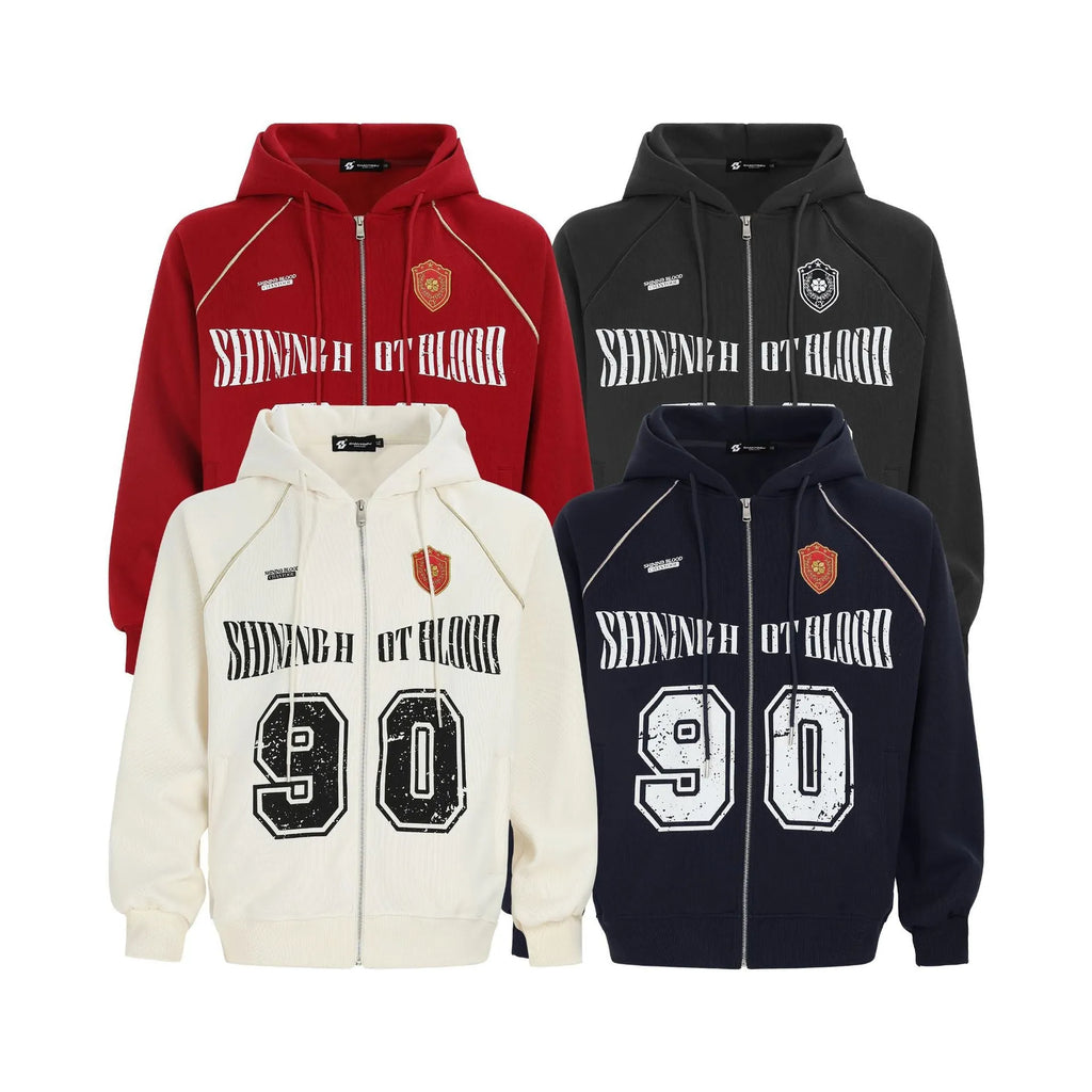 Women's American retro style casual jacket with embroidered letters and hood in red dog colour