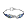 Silver electroplated copper bangle with blue carp design under glossy epoxy finish, 60mm diameter.