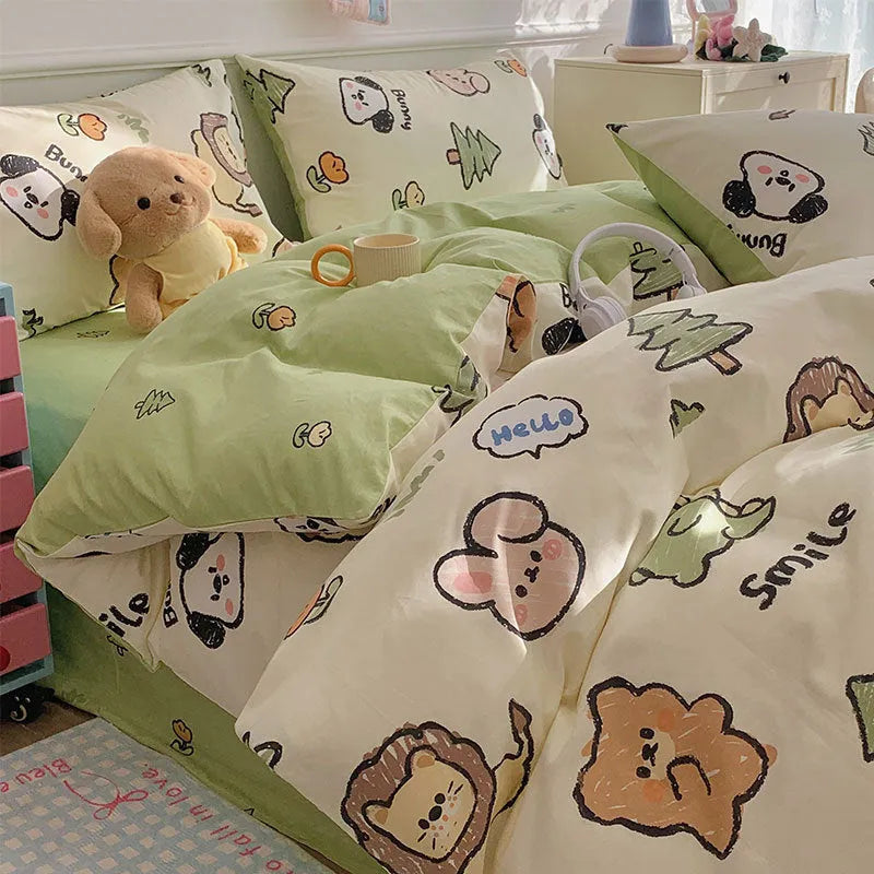 Cartoon dog pattern 100% cotton duvet cover and pillowcases on a single bed with a fitted sheet.