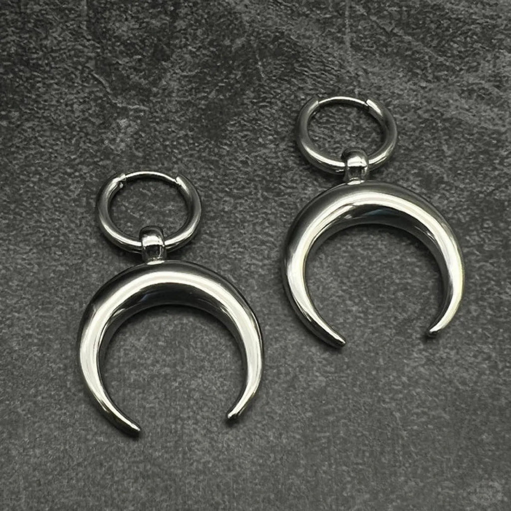 Silver gothic moon big hoop earrings with geometric shape and punk styling