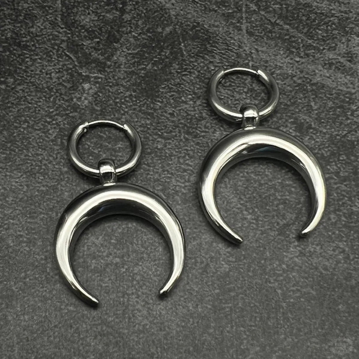 Silver gothic moon big hoop earrings with geometric shape and punk styling