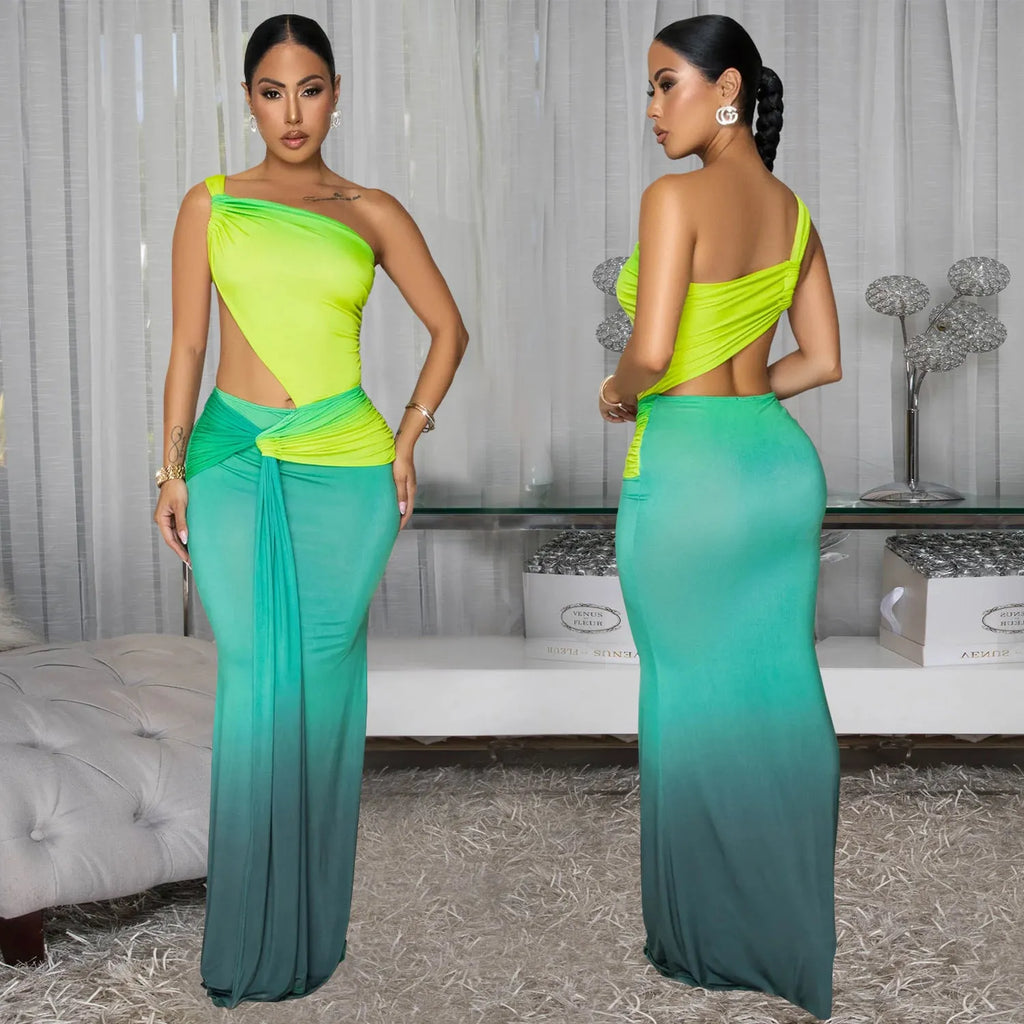 Women's gradient colour cross-shoulder sleeveless dress with a long skirt, shown in brown.