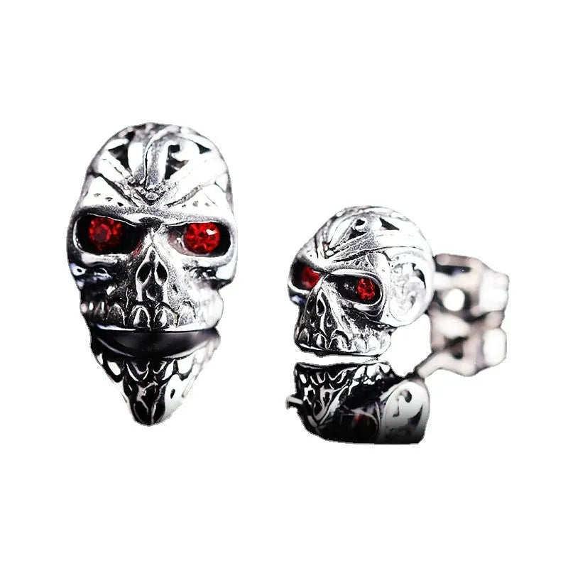 Retro red eye skull stud earrings with ghost head design and stone inlay