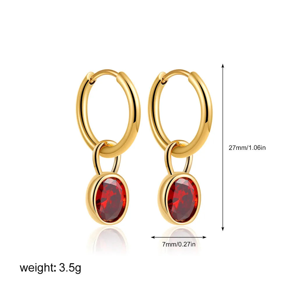 A pair of women's retro-style copper earrings with an oval zircon stone in one of six available colours.