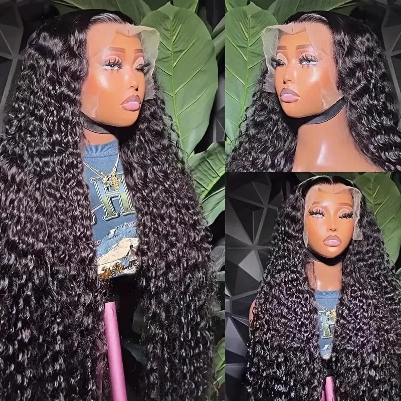 Women's black lace wig with small roll wound tube afro curly style, shown at long length.