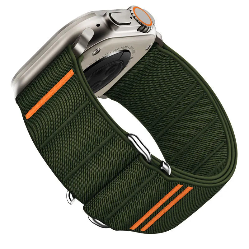 Elastic nylon Apple Watch replacement band with stainless steel buckle in Army Green colour