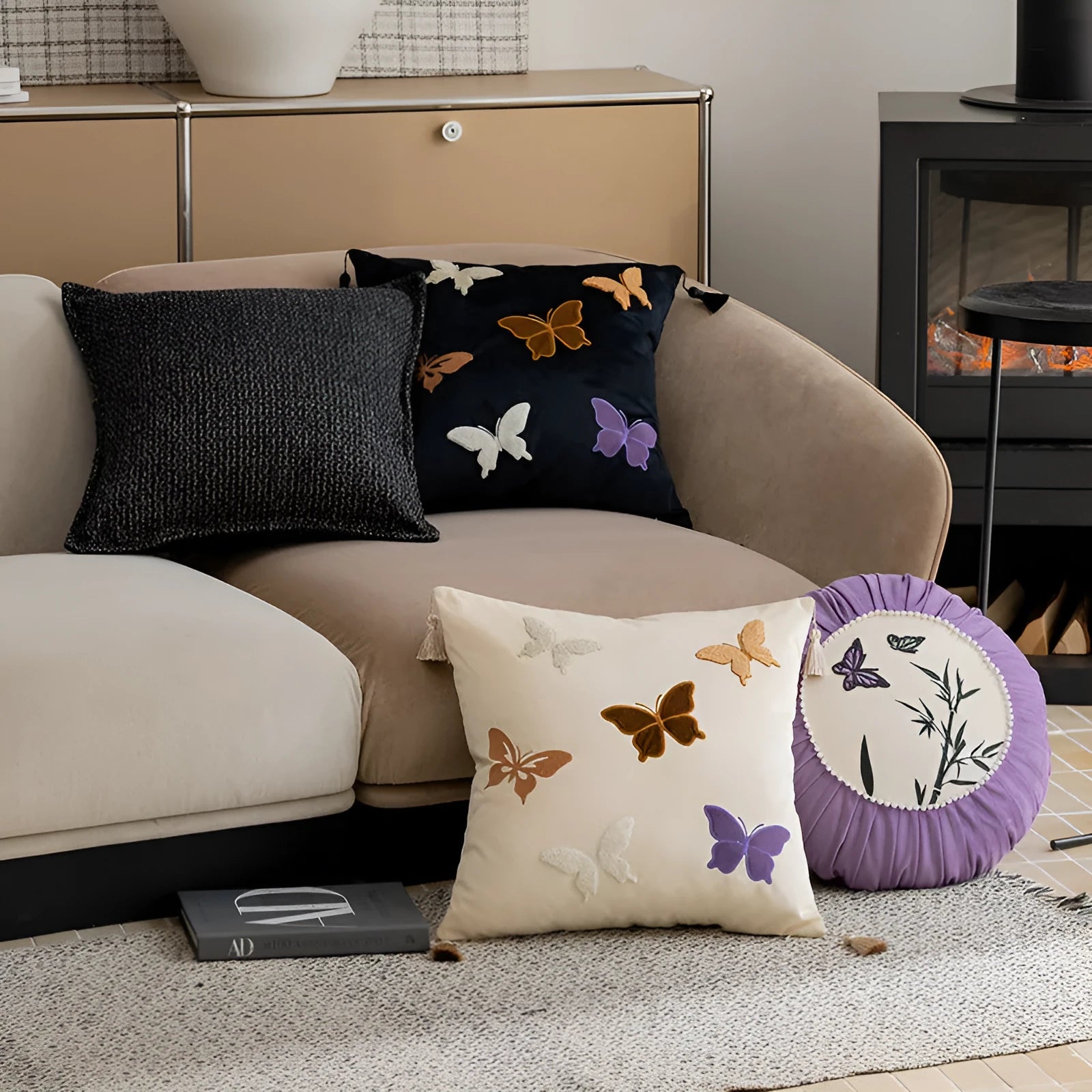 Square beige cushion with detailed Chinese style butterfly embroidery, 45x45cm.