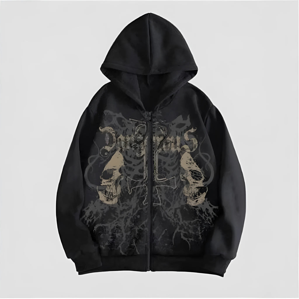 Men's black hooded sweatshirt with white skull hot stamping print, Harajuku style pullover